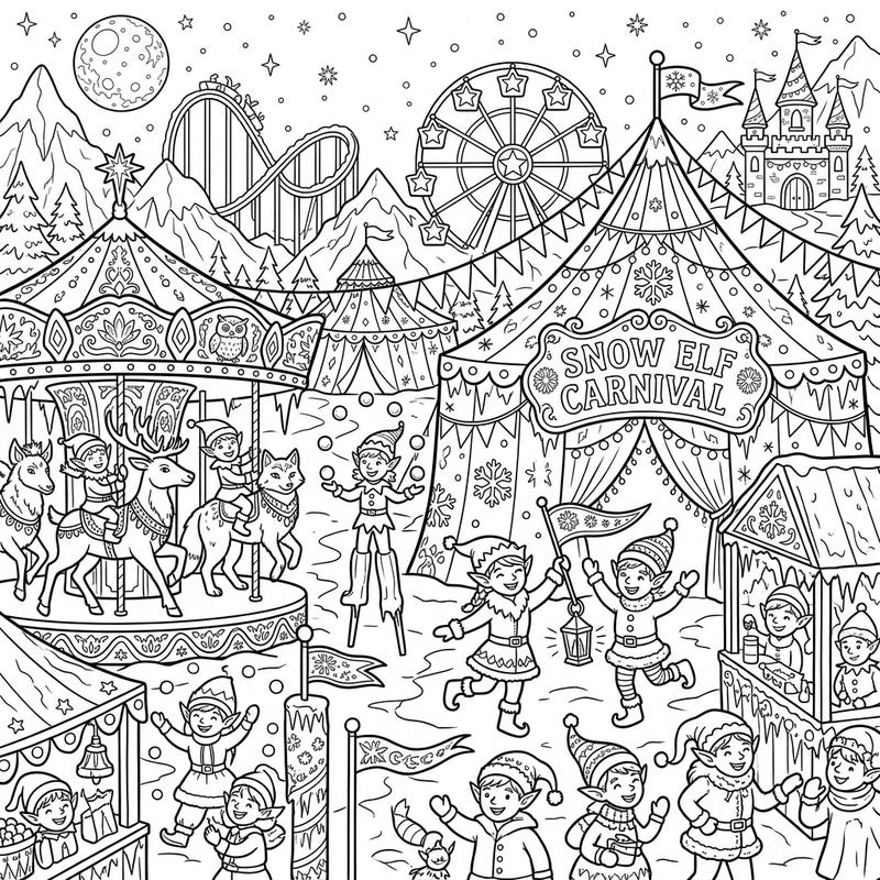 Explore a magical winter celebration with this Snow Elf Carnival coloring page. It's packed with playful elves, exciting rides, and festive fairground attractions, all set in an enchanting icy landscape.