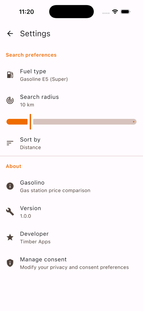 Gasolino - Cheap Gas Prices - Gasolino app settings interface showing search radius and fuel type options