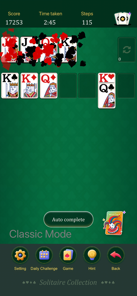 Classic Solitaire Collection! - Pantalla de juego de Classic Solitaire Collection que muestra un juego de cartas en progreso con estadísticas y opciones de menú.