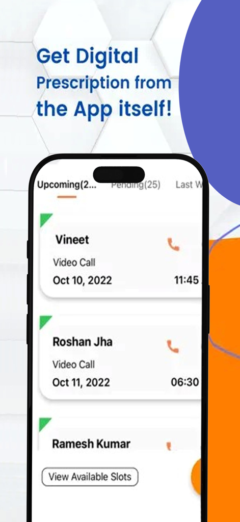 スマートフォン画面に、今後の患者ビデオ相談のリストとデジタル処方箋メッセージが表示されます。