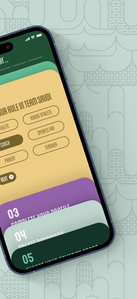 Role selection screen in the Team Saudi app showing options like Rising Athlete, Coach, and Sports Fan