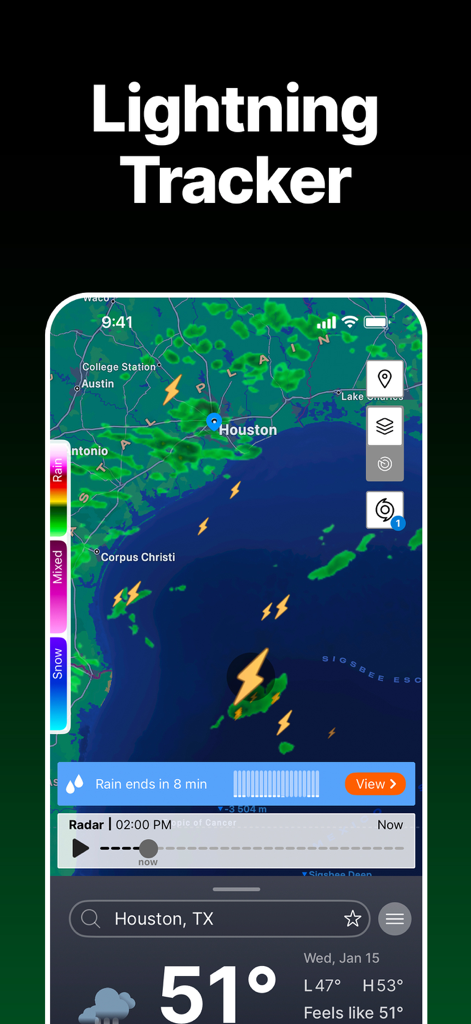 Real-time lightning tracker and weather radar map for Houston Texas on the SKAI app.