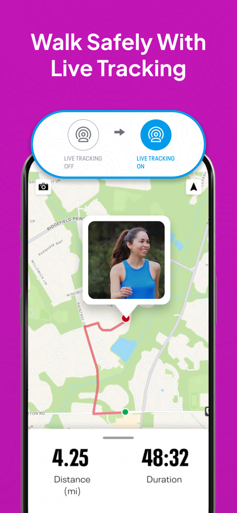 Map My Walk: Walking Tracker - Map My Walkアプリのインターフェース。マップ上のウォーキングルートと距離が表示されたライブトラッキング安全機能。