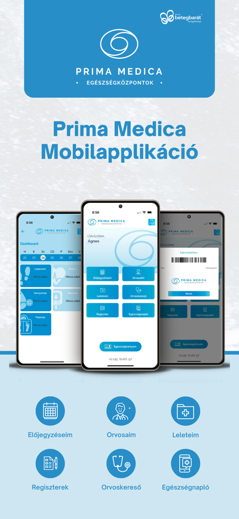 PrimaMedica App - Screenshots of the Prima Medica mobile app showing the health dashboard, appointment booking, and medical results features.