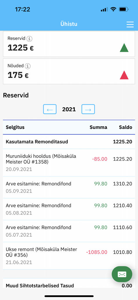 Korto - Mobile interface of Korto app displaying HOA financial reserves and property maintenance transaction logs