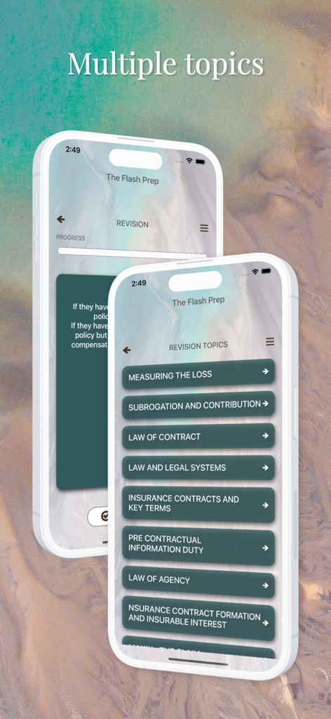 PADI Scuba Diver Exam - Interfaz de la aplicación PADI Scuba Diver Exam que muestra múltiples temas de estudio y el progreso de revisión en pantallas móviles