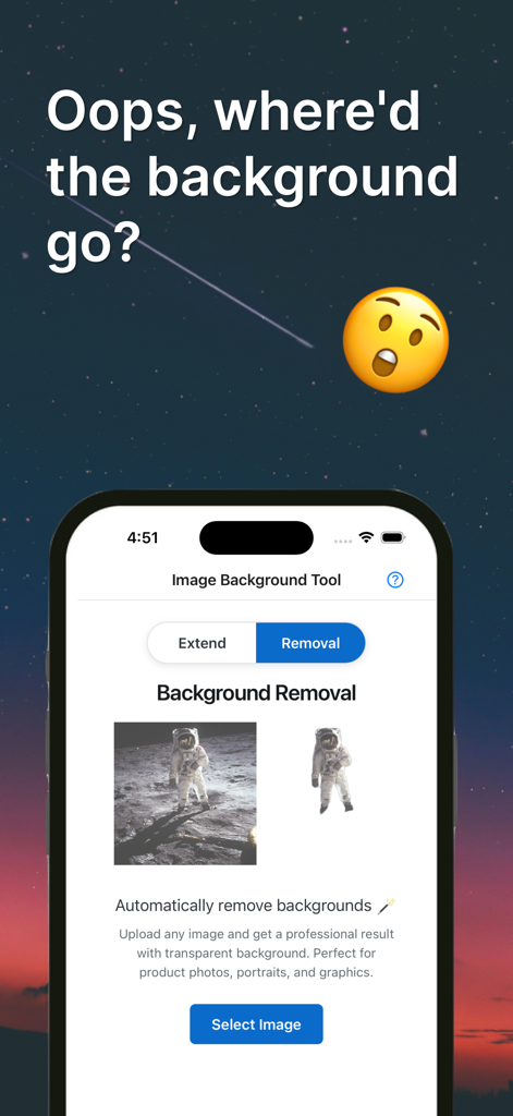 Image Background Extender - iPhone-Bildschirm zeigt das KI-Hintergrundentfernungswerkzeug in der Bildhintergrund-Erweiterer-App mit einem Astronautenbeispiel.