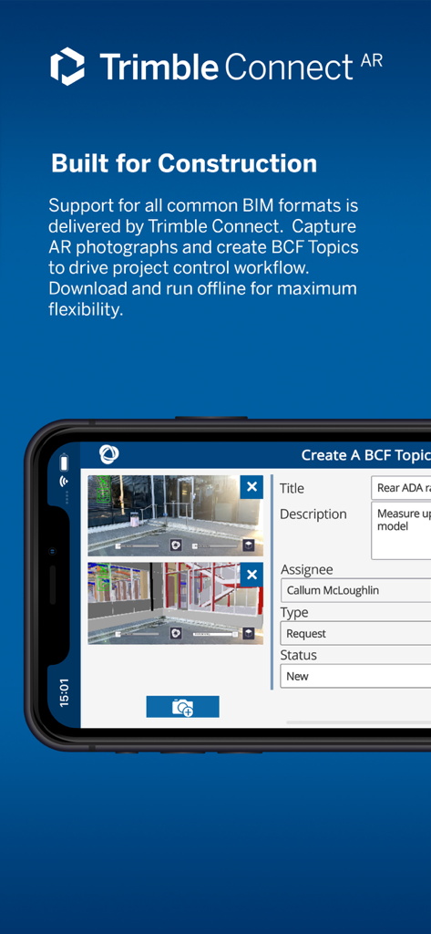 Trimble Connect AR Smartphone-Oberfläche, die die Erstellung eines BCF-Themas mit Augmented Reality-Baustellenüberlagerungen zeigt