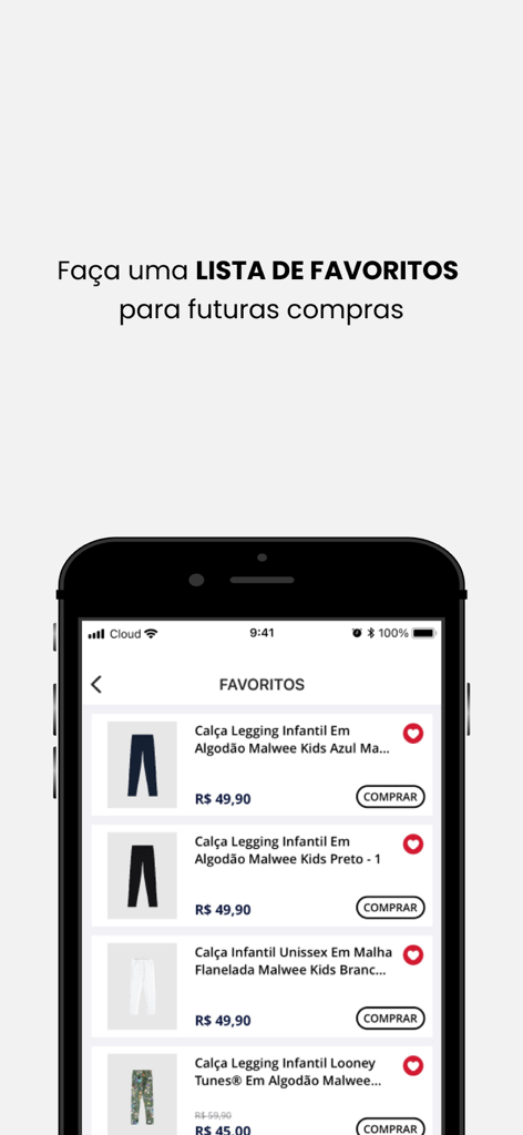 Malwee - Screenshot of the Malwee mobile app favorites list feature showing children clothing items with heart icons and purchase buttons.