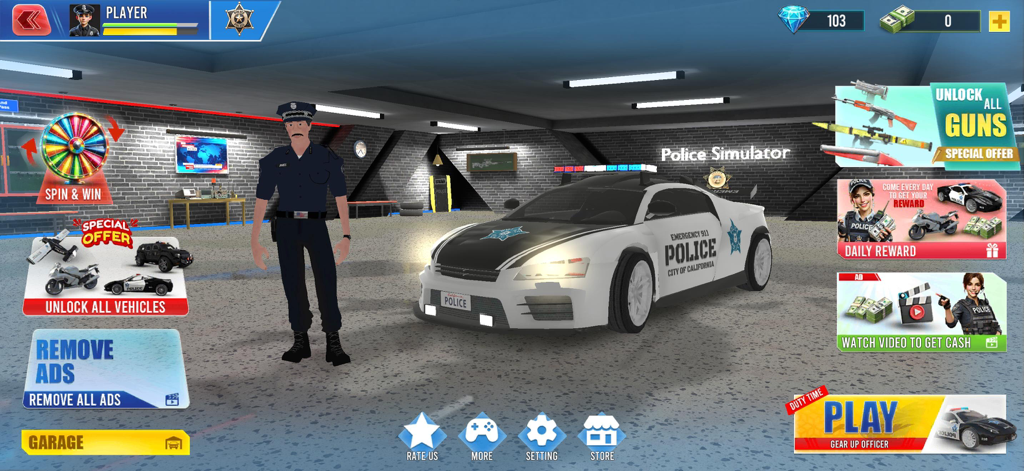 Police Games Super Cop Game - Main menu of Police Games Super Cop Game showing a police officer and patrol car in a garage with game options