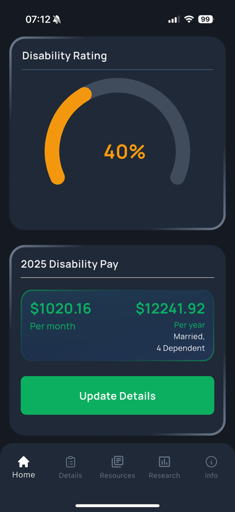 VA Disability Rates Calculator app screen showing a forty percent disability rating and monthly pay for two thousand twenty five