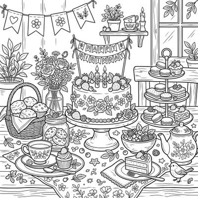 Step into a charming world of rustic delights with this cottagecore birthday celebration coloring page, featuring an abundance of beautifully decorated cakes and treats. It’s the perfect blend of sweet indulgence and cozy countryside charm, ready for your creative touch.