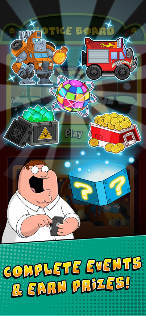 Peter Griffin olhando para recompensas do jogo como moedas e gemas no jogo móvel de Family Guy