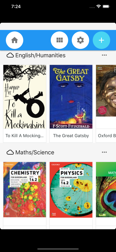 ReadCloud - ReadCloud app interface showing a digital library with categorized textbooks for English and Science.