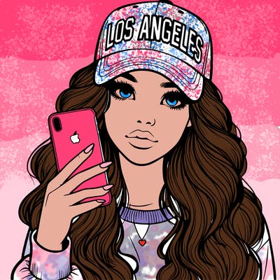 realistic beautiful girl wearing los ángeles cap holding an iphone