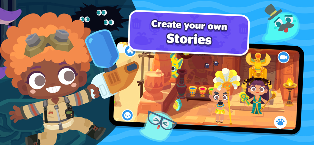 Dr. Panda Town Tales gameplay showing an Egyptian adventure and story creation feature.