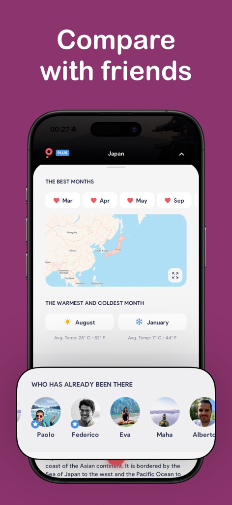 Balloon Been: Visited Map - Pantalla de la aplicación Balloon Been que muestra detalles de destinos de viaje para Japón y una lista de amigos que ya han visitado el país.