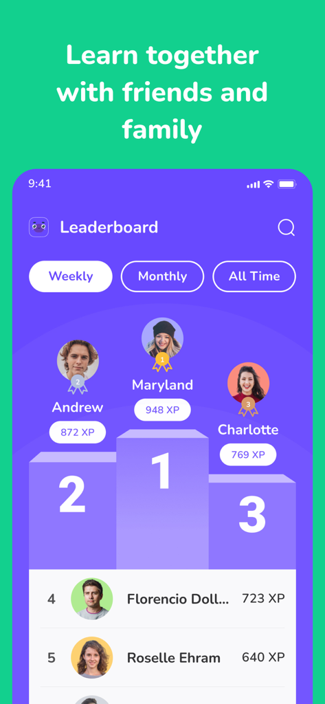 Elingo app leaderboard showing user rankings on a podium with experience points
