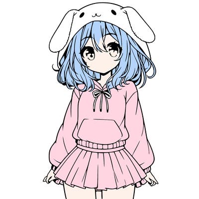 pretty anime girl wearing a fluffy hoodie with bunny ears on the hood and a skirt