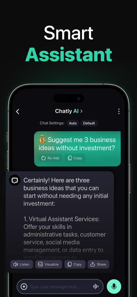 Chatly: AI Chatbot & Assistant - Interface of Chatly AI chatbot providing business ideas and virtual assistant services suggestions
