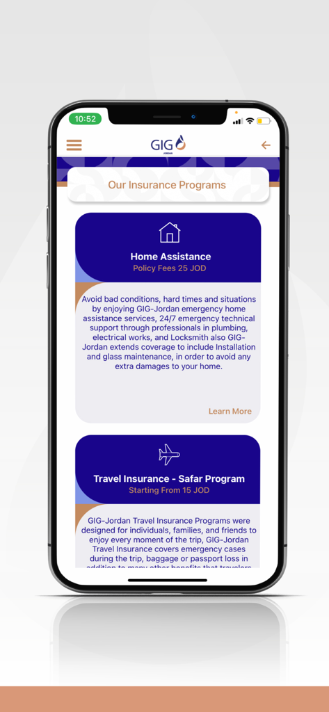 GIG JORDAN - GIG JORDAN app interface displaying home assistance and travel insurance program options