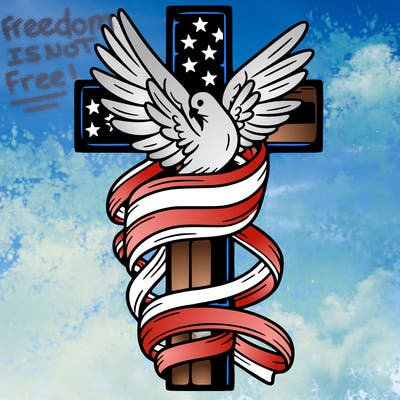 american flag wrapped around a cross with a dove