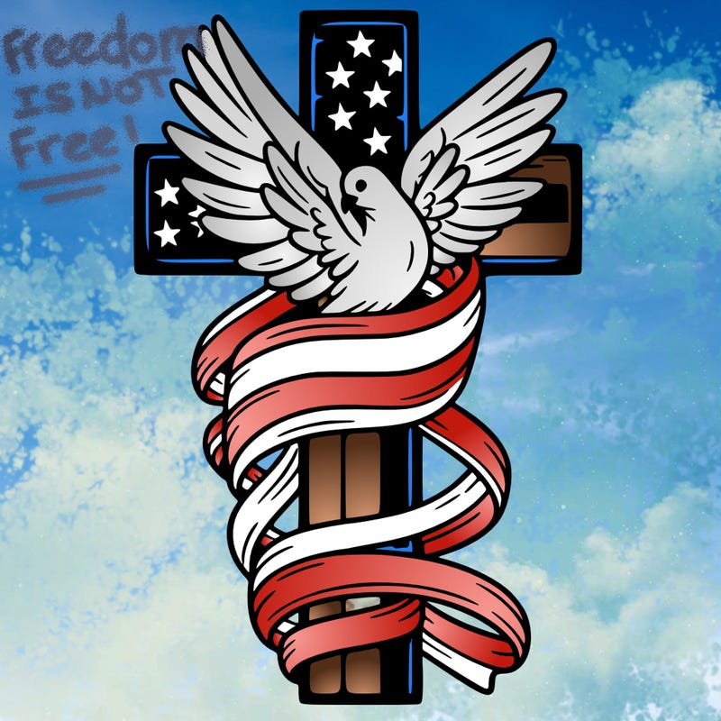 american flag wrapped around a cross with a dove