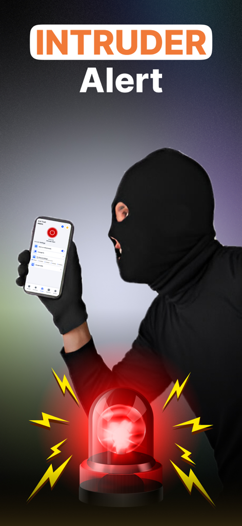 Anti Theft Phone Alarm - A masked intruder holding a phone with an active security alert and a flashing red siren