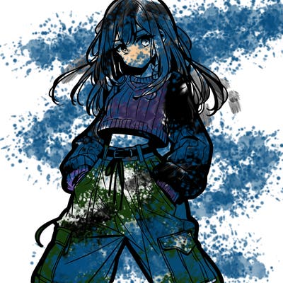 anime teen girl with baggy pants and crop top with sweater