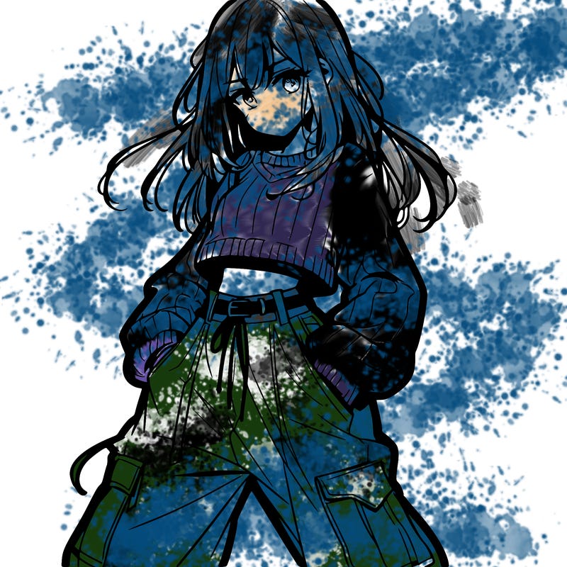 anime teen girl with baggy pants and crop top with sweater