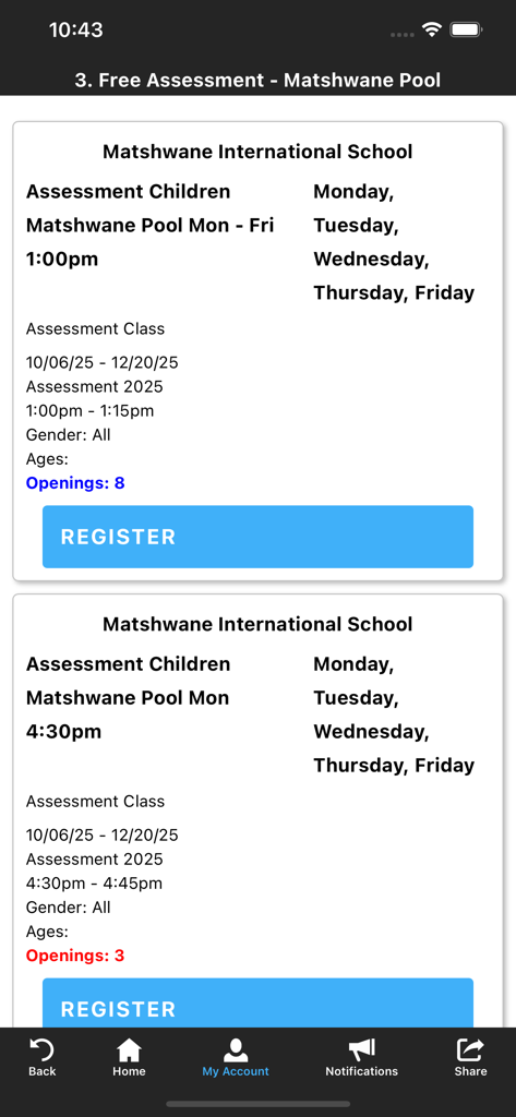 DMSS Swimming - DMSS Swimming App Registrierungsbildschirm für kostenlose Schnupperkurse im Matshwane Pool