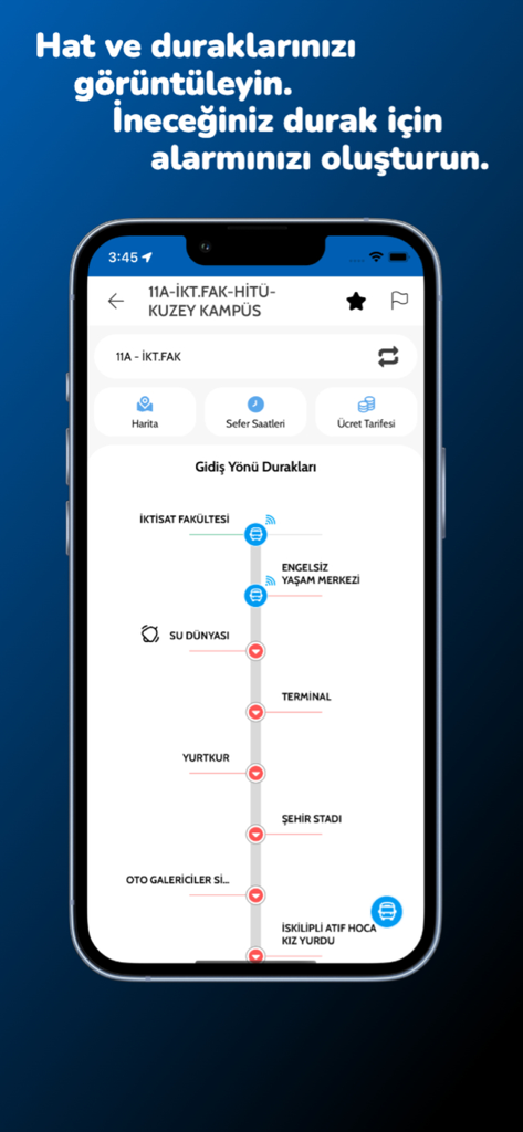 A mobile interface of the Corum Ulasim app displaying a vertical bus route line with several transit stops and navigation icons.