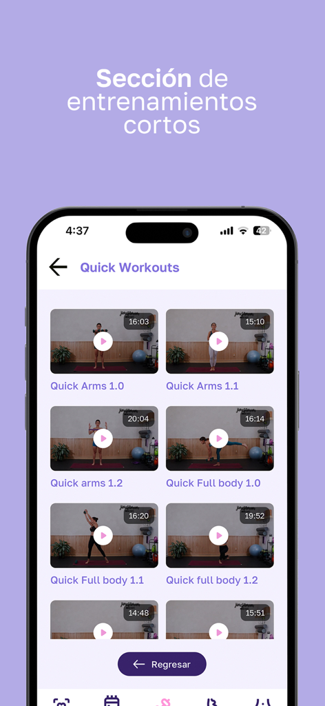 JimeFitMom: Pre y Posnatal - Mobile app screen showing a list of quick arm and full body workout videos for prenatal and postnatal fitness
