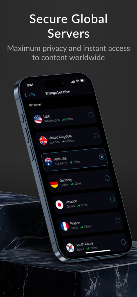 Pantalla de iPhone mostrando una lista de ubicaciones de servidores VPN internacionales seguros en modo oscuro
