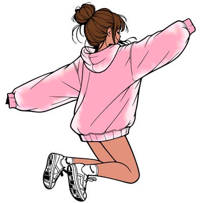 realistic girl jumping with a bun and oversized sweatshirt