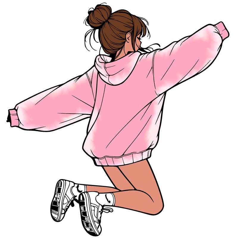 realistic girl jumping with a bun and oversized sweatshirt
