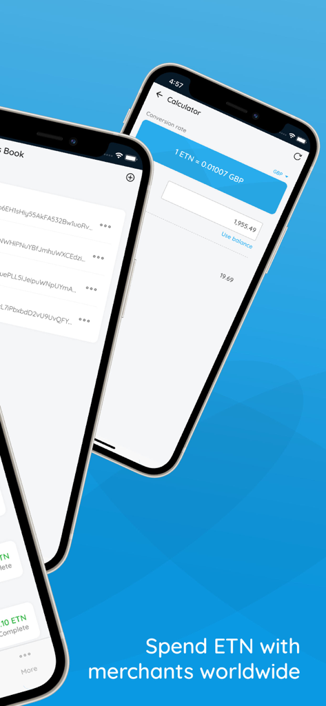 Electroneum - Schermate dell'app mobile Electroneum che mostrano il calcolatore di valuta e le funzionalità di pagamento per commercianti