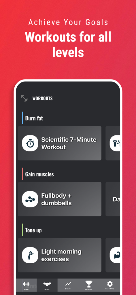 BeStronger Home workouts - Pantalla de la app BeStronger mostrando categorías de entrenamiento para quemar grasa, ganar músculo y tonificar