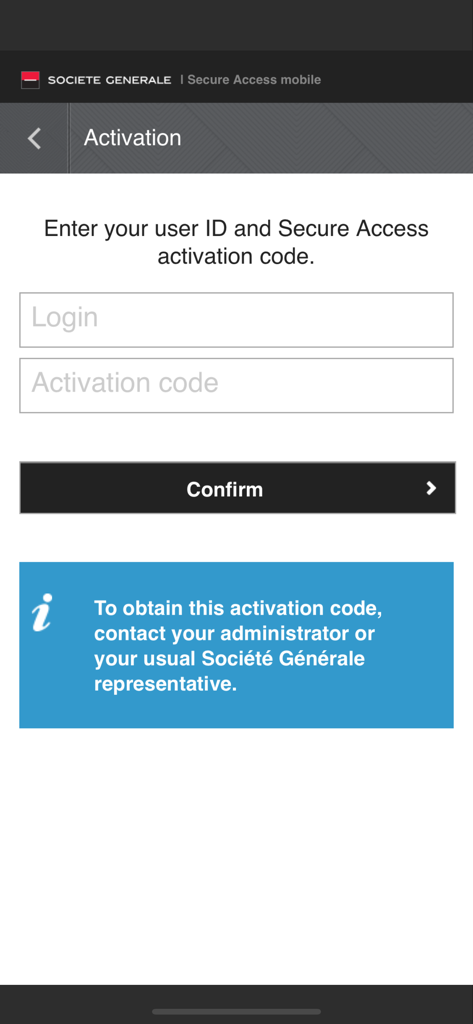 Tela de ativação do aplicativo móvel Acesso Seguro para Corporações