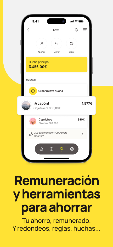 B100 - The Healthy Banking - Pantalla de la aplicación B100 que muestra objetivos de ahorro y alcancías digitales para una planificación financiera consciente