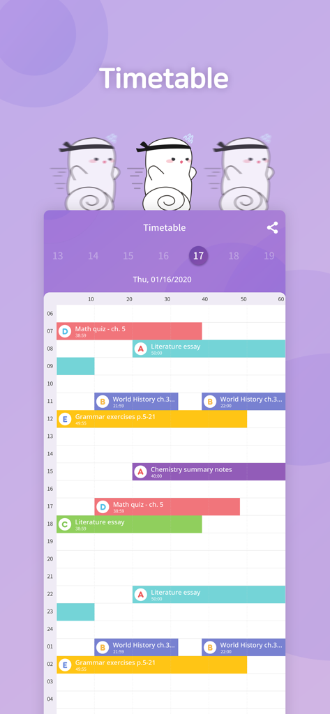 A color-coded daily study timetable within the FLIP app showing scheduled academic tasks