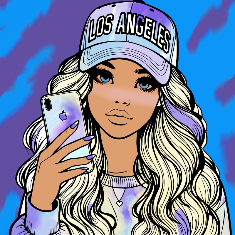 realistic beautiful girl wearing los ángeles cap holding an iphone