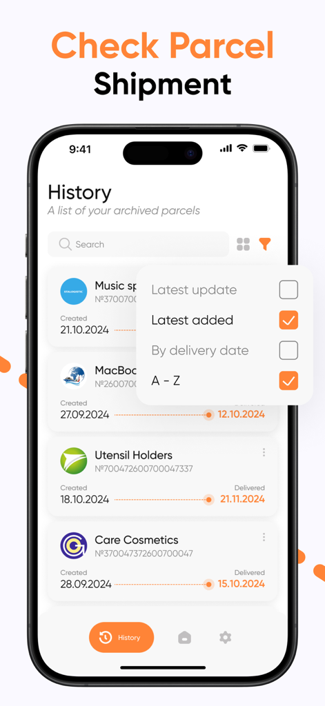 Package & Shipping Tracker App - The History screen of the package tracking app showing a list of delivered parcels and sorting options.