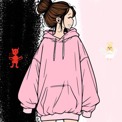 realistic girl with a oversized sweatshirt on and a bun