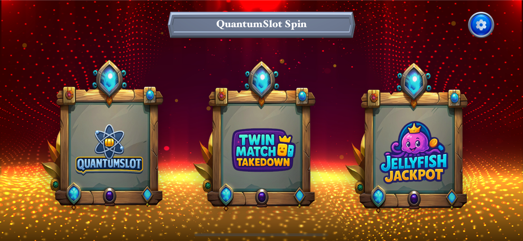 HyperLuck Slots Station - HyperLuck Slots Station main menu showing game options for QuantumSlot Twin Match Takedown and Jellyfish Jackpot.