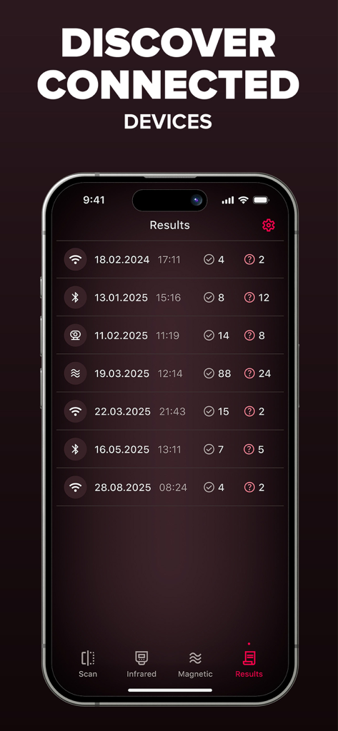 Network Scanner app results screen showing a list of discovered Bluetooth and Wi-Fi devices with scan history dates