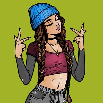realistic teenage girl with braids and a beanie and crop top doing 🫶🏼