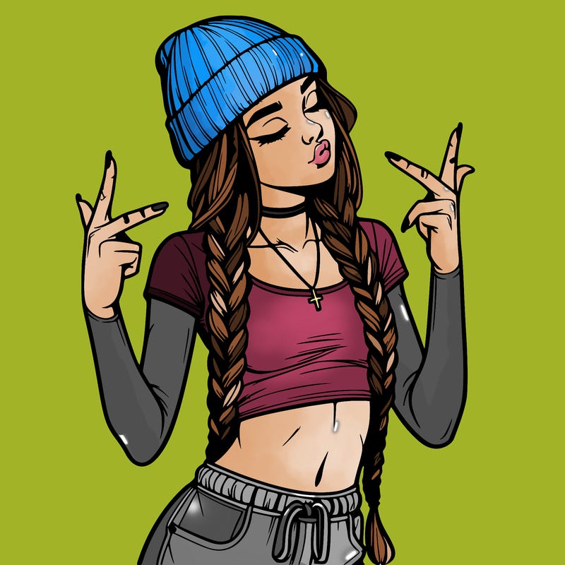 realistic teenage girl with braids and a beanie and crop top doing 🫶🏼