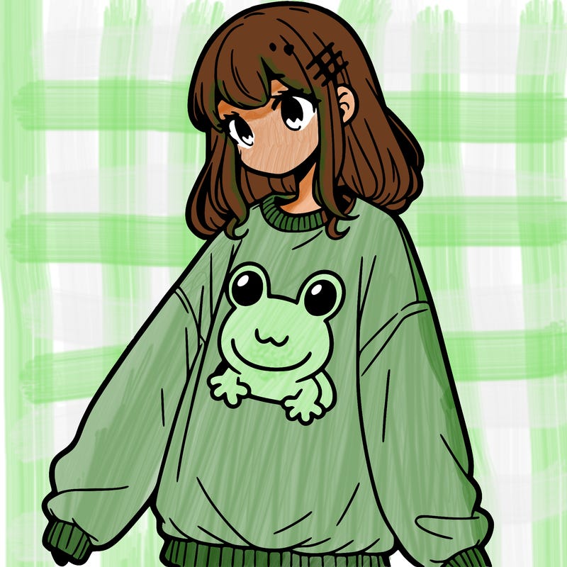 girl wearing frogging sweatshirt