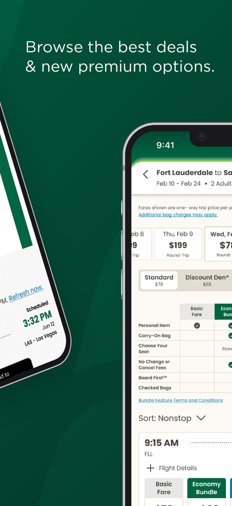Schermata dell'app Frontier Airlines che mostra le offerte di prenotazione voli e un confronto tra le tariffe standard e i prezzi Discount Den.